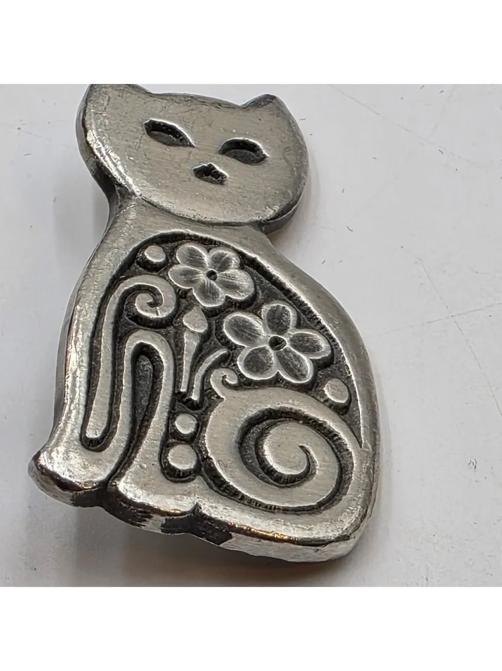 ​VTG Rune Tennesmed Sweden Pewter Cat Brooch Modernist Floral MCM Kitty Pin